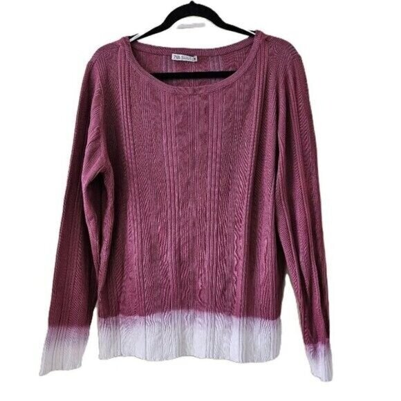 Zara Sweater Womens XL Wine Dipped White Cuffs Hem Scoop Neck Ribbed Knit Boho - Picture 1 of 12